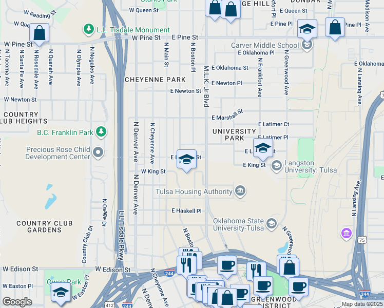 map of restaurants, bars, coffee shops, grocery stores, and more near 1124 North Cincinnati Avenue in Tulsa