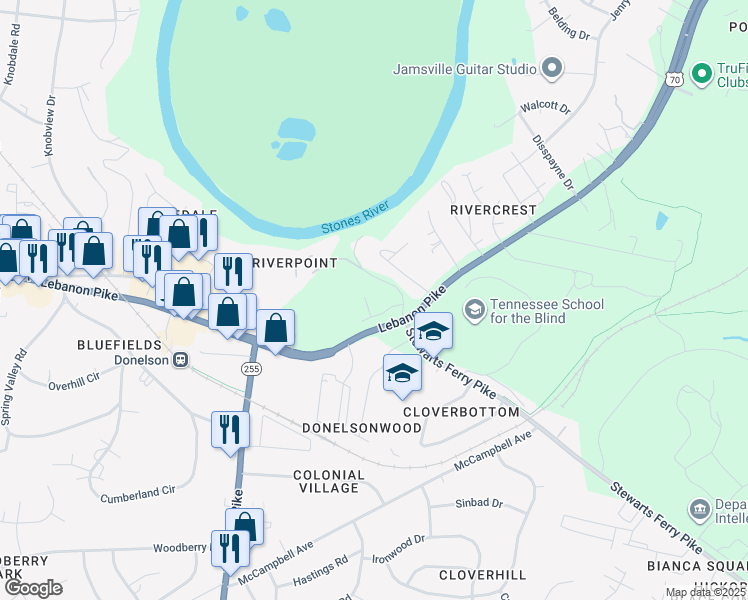 map of restaurants, bars, coffee shops, grocery stores, and more near 2850 Lebanon Pike in Nashville