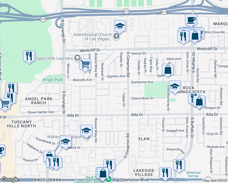 map of restaurants, bars, coffee shops, grocery stores, and more near 8144 Leger Drive in Las Vegas