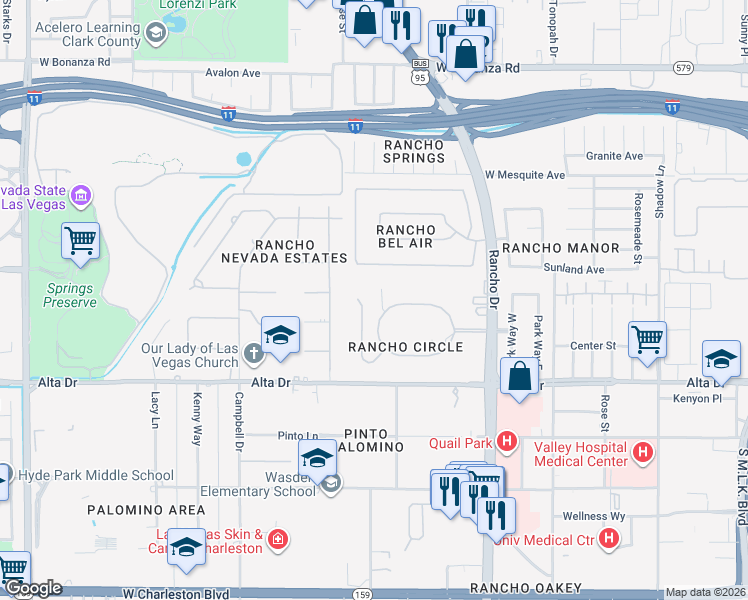 map of restaurants, bars, coffee shops, grocery stores, and more near 910 Rancho Circle in Las Vegas