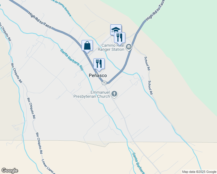 map of restaurants, bars, coffee shops, grocery stores, and more near 15017-15123 New Mexico 75 in Peñasco