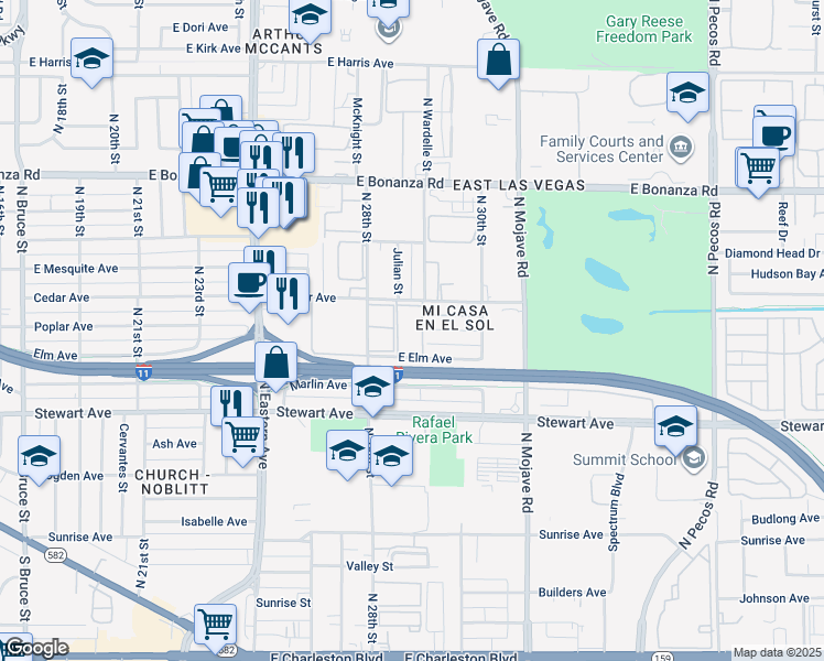 map of restaurants, bars, coffee shops, grocery stores, and more near 2850 East Cedar Avenue in Las Vegas