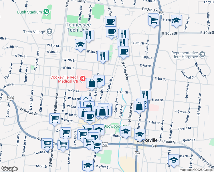 map of restaurants, bars, coffee shops, grocery stores, and more near 501n Mahler Avenue in Cookeville
