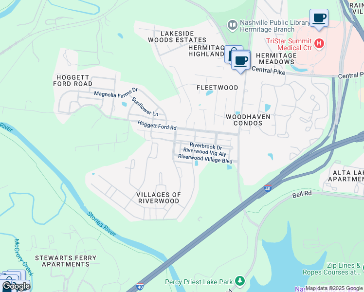 map of restaurants, bars, coffee shops, grocery stores, and more near 1117 Riverbirch Way in Nashville