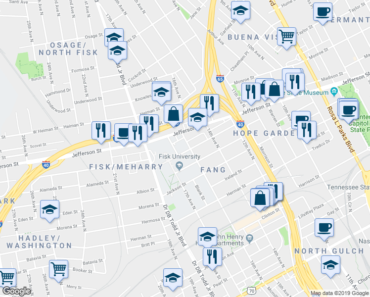 map of restaurants, bars, coffee shops, grocery stores, and more near 1039 16th Avenue North in Nashville