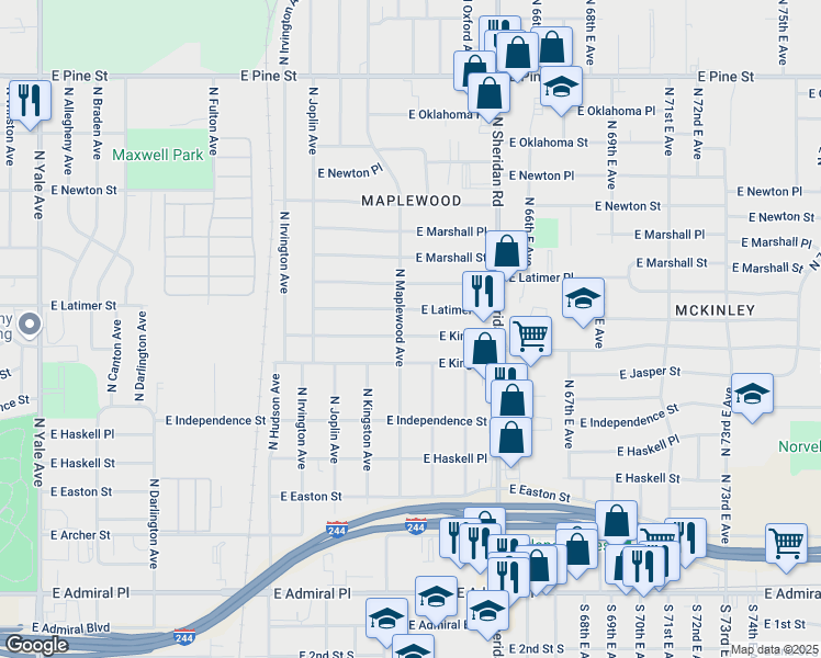 map of restaurants, bars, coffee shops, grocery stores, and more near 5976 East Latimer Street in Tulsa