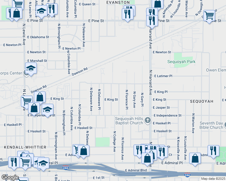 map of restaurants, bars, coffee shops, grocery stores, and more near 1046 North College Avenue in Tulsa