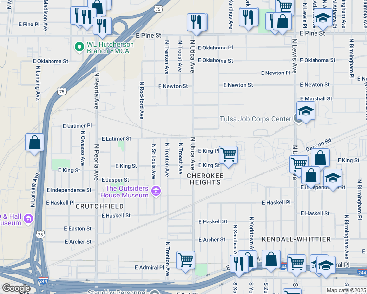 map of restaurants, bars, coffee shops, grocery stores, and more near 1048 North Troost Avenue in Tulsa