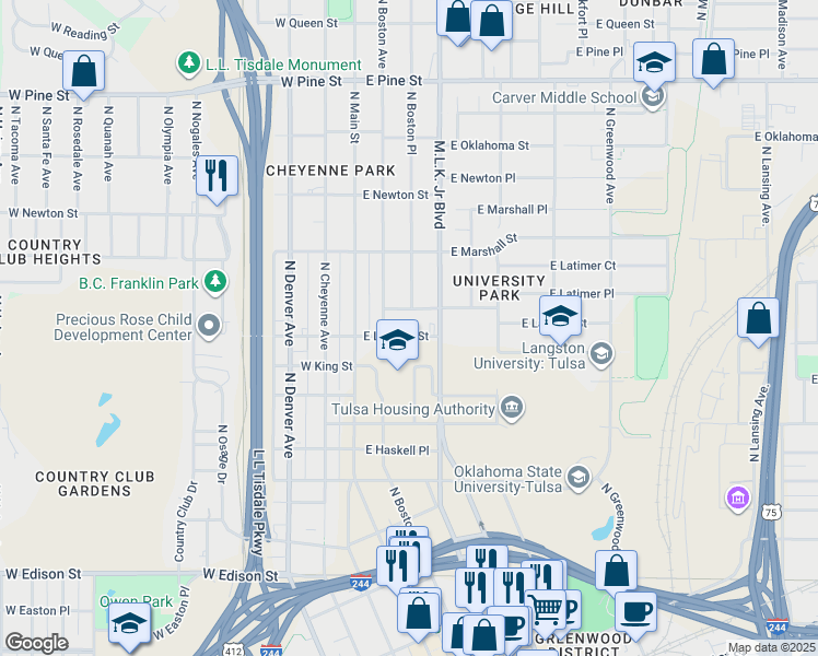 map of restaurants, bars, coffee shops, grocery stores, and more near 1124 North Cincinnati Avenue in Tulsa
