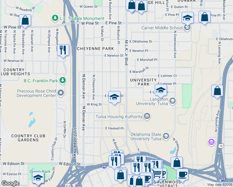 map of restaurants, bars, coffee shops, grocery stores, and more near 112 East Latimer Place in Tulsa