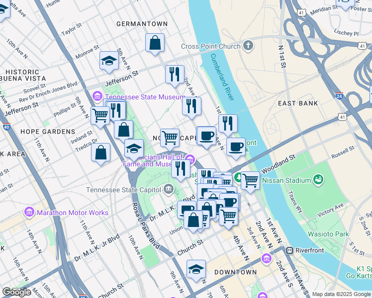 map of restaurants, bars, coffee shops, grocery stores, and more near in Nashville