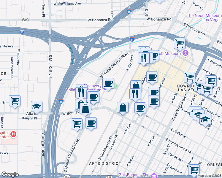 map of restaurants, bars, coffee shops, grocery stores, and more near 361 Symphony Park Avenue in Las Vegas