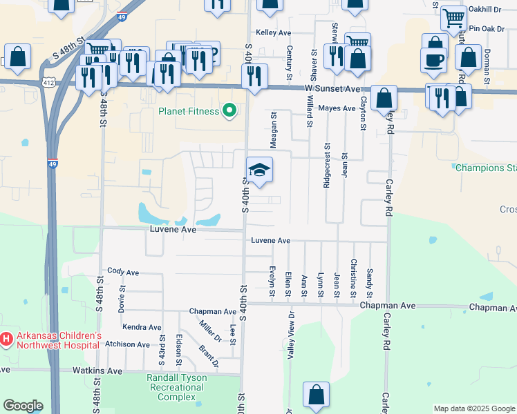 map of restaurants, bars, coffee shops, grocery stores, and more near 1911 South 40th Street in Springdale