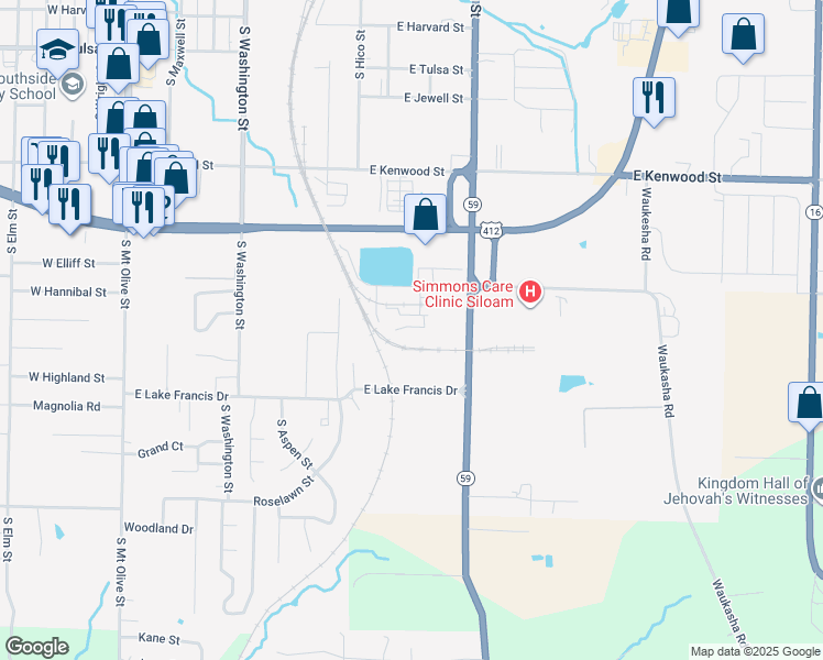 map of restaurants, bars, coffee shops, grocery stores, and more near 1700 South Lincoln Street in Siloam Springs