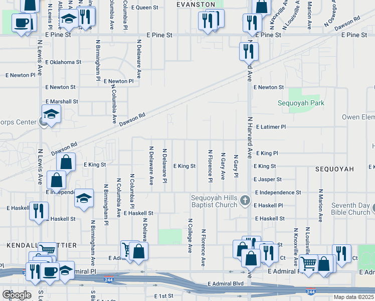 map of restaurants, bars, coffee shops, grocery stores, and more near 1046 North College Avenue in Tulsa