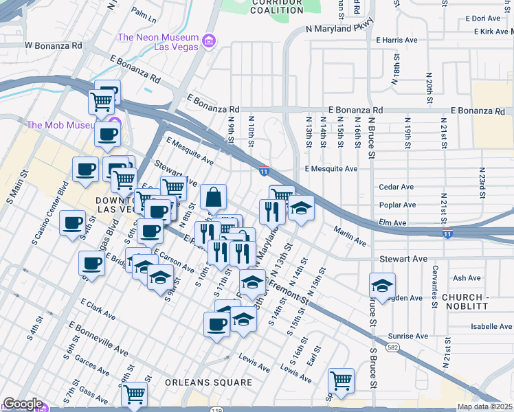 map of restaurants, bars, coffee shops, grocery stores, and more near 311 North 11th Street in Las Vegas