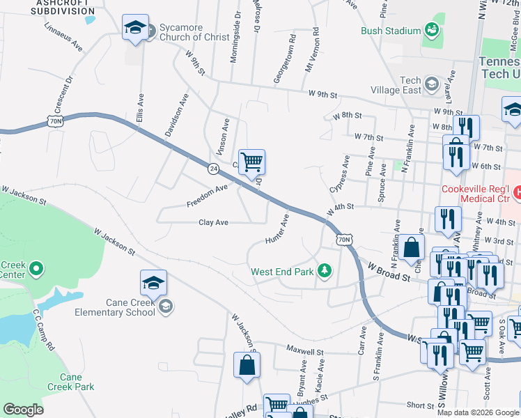 map of restaurants, bars, coffee shops, grocery stores, and more near 25 Fentress Drive in Cookeville