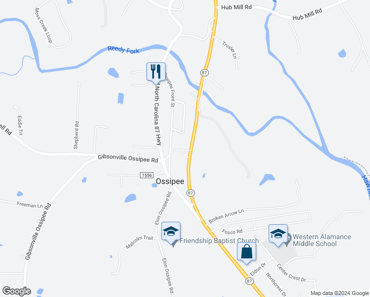 map of restaurants, bars, coffee shops, grocery stores, and more near 2442 North Carolina 87 in Elon