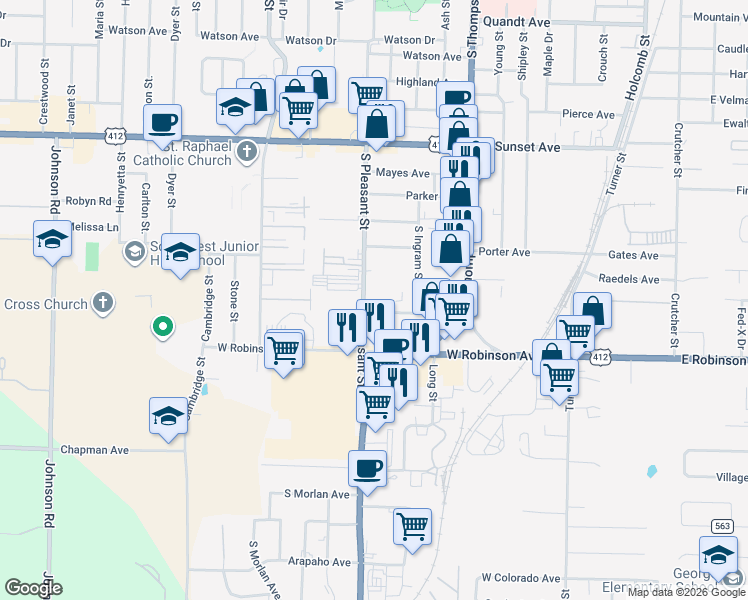 map of restaurants, bars, coffee shops, grocery stores, and more near 1809 South Pleasant Street in Springdale