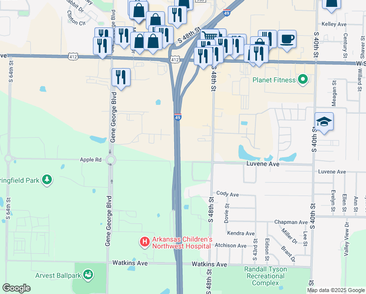 map of restaurants, bars, coffee shops, grocery stores, and more near 5000 Luvene Avenue in Springdale