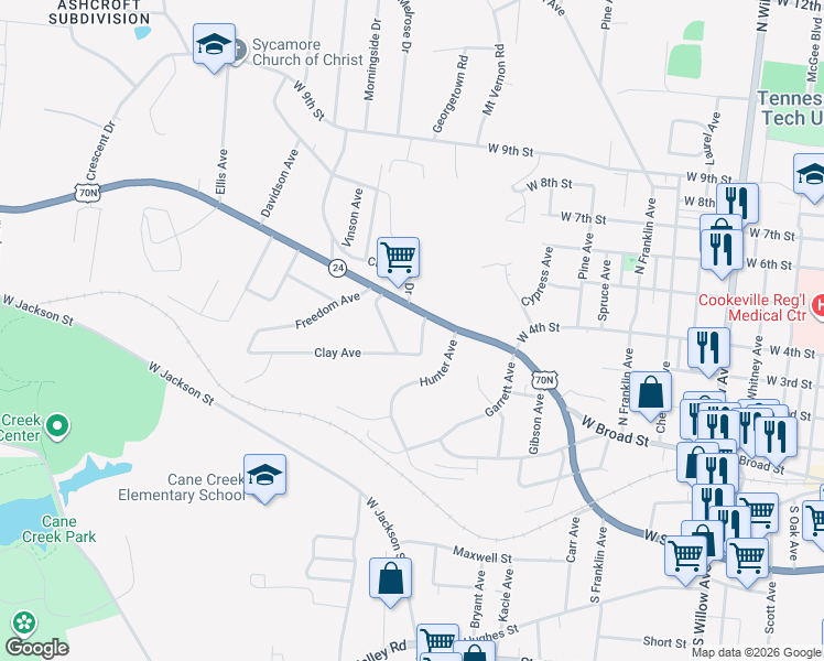 map of restaurants, bars, coffee shops, grocery stores, and more near 25 Fentress Drive in Cookeville