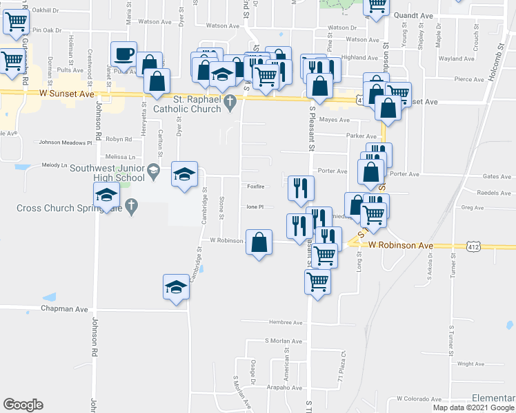 map of restaurants, bars, coffee shops, grocery stores, and more near 1570 Ione Place in Springdale
