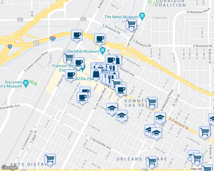 map of restaurants, bars, coffee shops, grocery stores, and more near N Las Vegas Blvd & S Las Vegas Blvd in Las Vegas