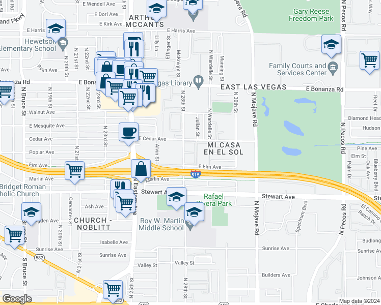 map of restaurants, bars, coffee shops, grocery stores, and more near 401 North 28th Street in Las Vegas