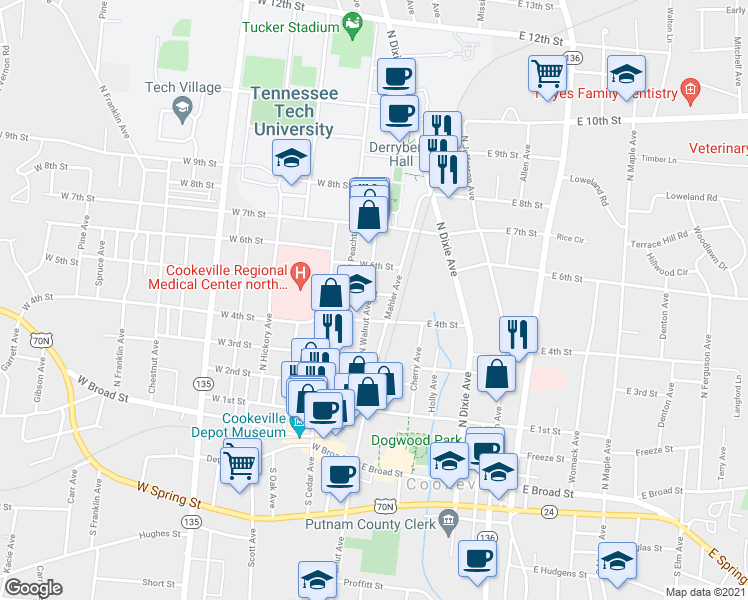 map of restaurants, bars, coffee shops, grocery stores, and more near 501n Mahler Avenue in Cookeville