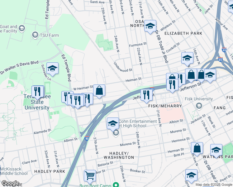 map of restaurants, bars, coffee shops, grocery stores, and more near 2504 Scovel Street in Nashville
