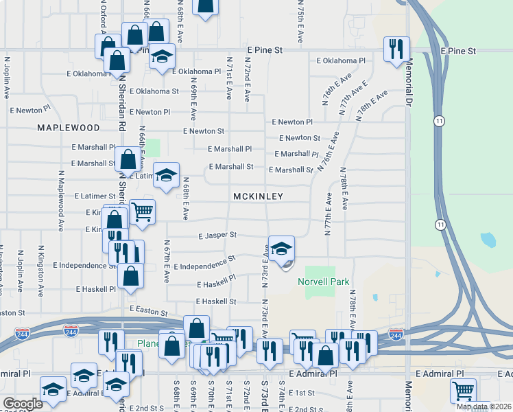 map of restaurants, bars, coffee shops, grocery stores, and more near 7131 East King Place in Tulsa