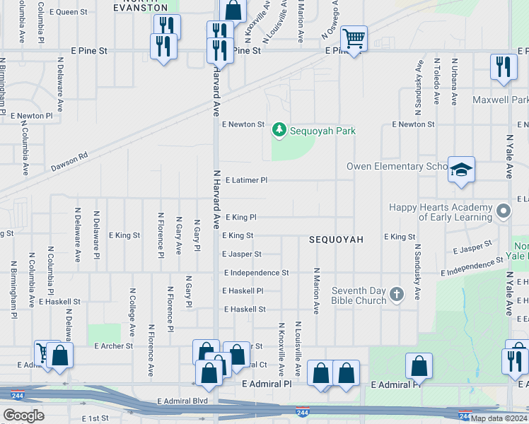 map of restaurants, bars, coffee shops, grocery stores, and more near 3530 East Latimer Street in Tulsa