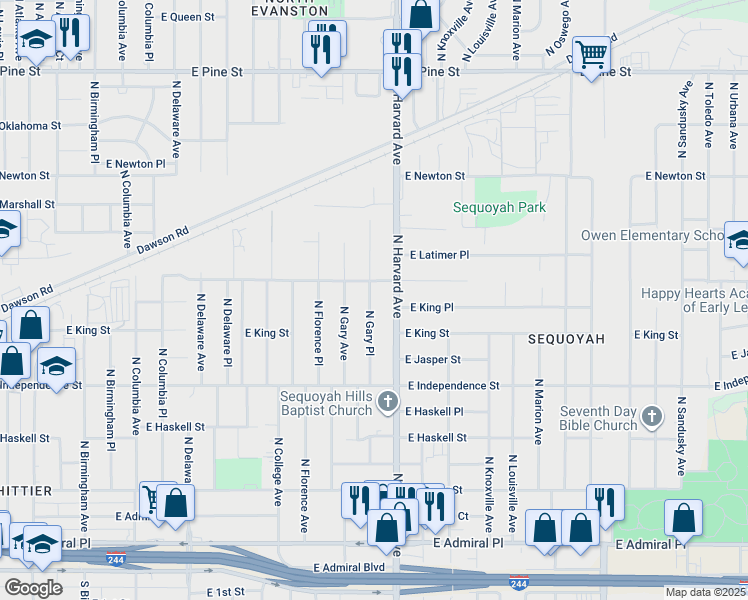 map of restaurants, bars, coffee shops, grocery stores, and more near 1042 North Gary Place in Tulsa