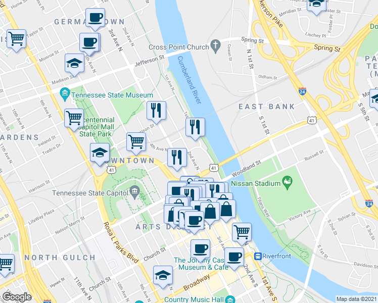 map of restaurants, bars, coffee shops, grocery stores, and more near 199 Gay Street in Nashville