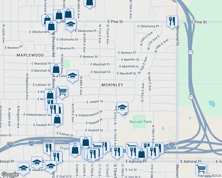 map of restaurants, bars, coffee shops, grocery stores, and more near 7131 East King Place in Tulsa