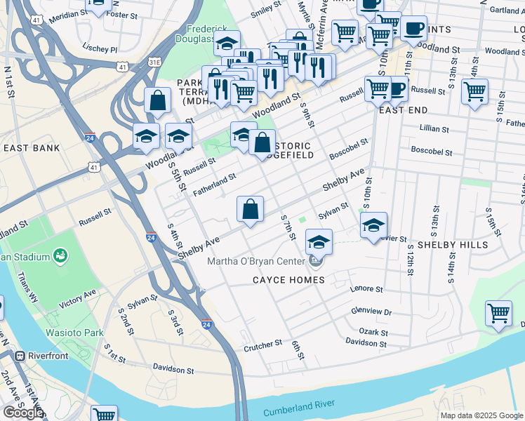 map of restaurants, bars, coffee shops, grocery stores, and more near 619 Shelby Avenue in Nashville