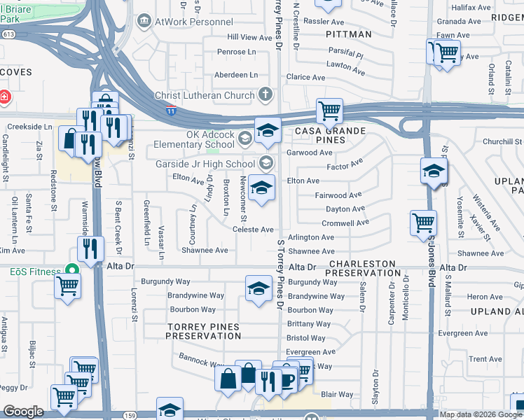 map of restaurants, bars, coffee shops, grocery stores, and more near 300 South Torrey Pines Drive in Las Vegas
