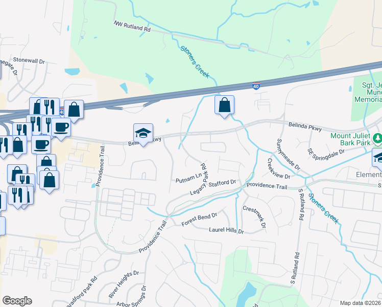 map of restaurants, bars, coffee shops, grocery stores, and more near 966 Legacy Park Road in Mount Juliet