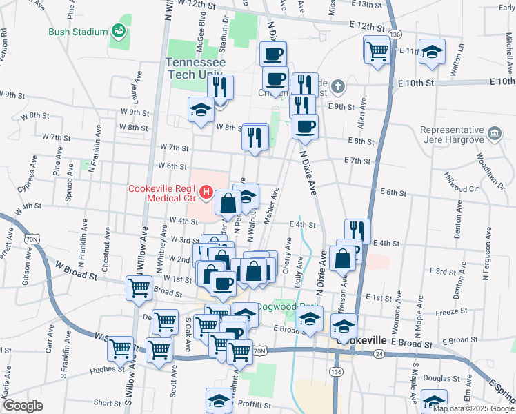 map of restaurants, bars, coffee shops, grocery stores, and more near 68 West 5th Street in Cookeville