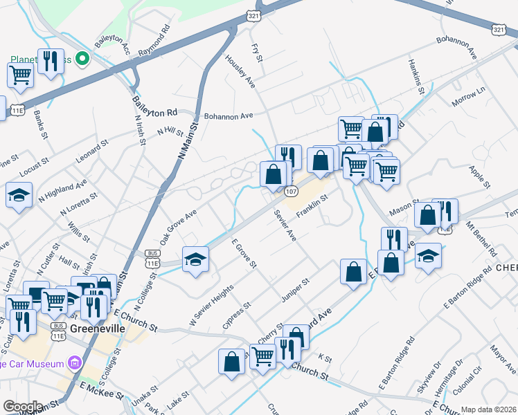 map of restaurants, bars, coffee shops, grocery stores, and more near 509 Tusculum Boulevard in Greeneville