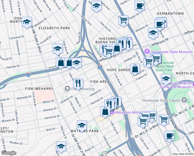 map of restaurants, bars, coffee shops, grocery stores, and more near 1201 Phillips Street in Nashville