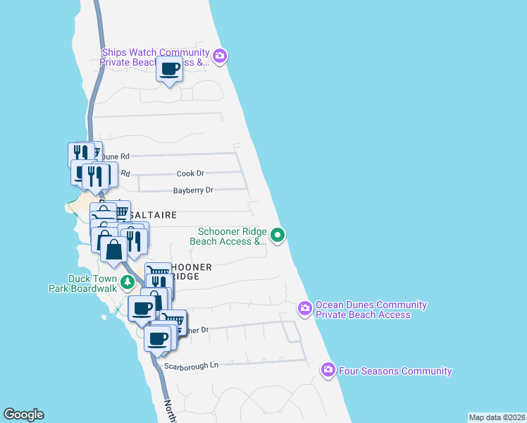 map of restaurants, bars, coffee shops, grocery stores, and more near 149 Marlin Court in Kitty Hawk
