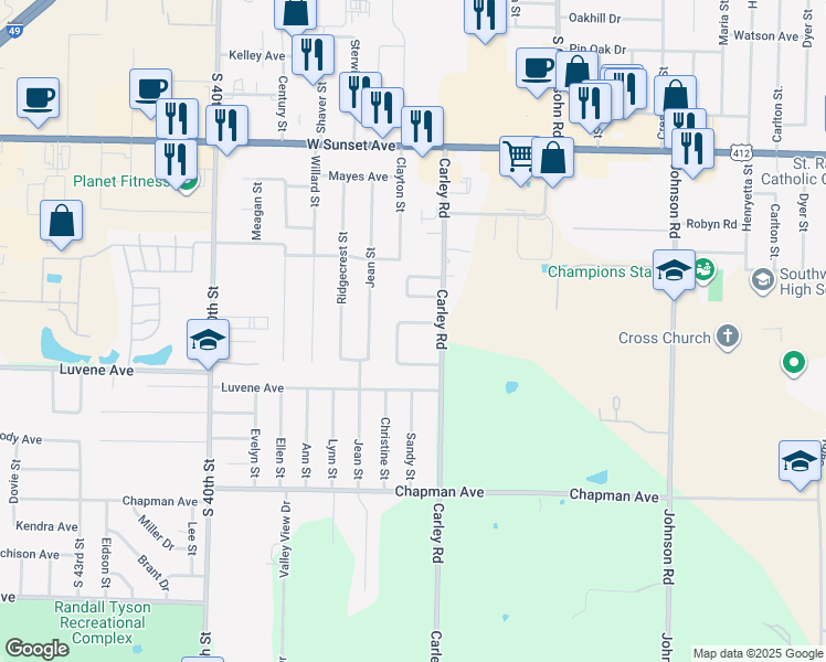 map of restaurants, bars, coffee shops, grocery stores, and more near 3307 Hillview Court in Springdale