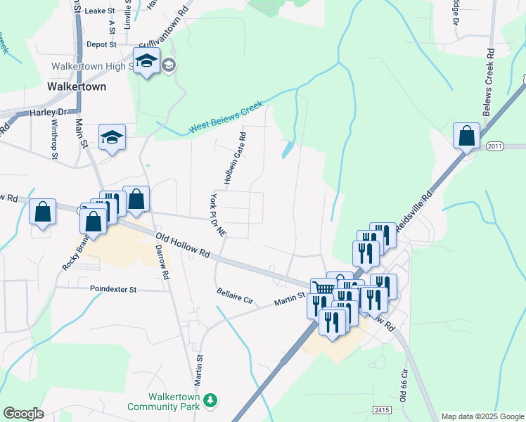 map of restaurants, bars, coffee shops, grocery stores, and more near 2953 York Place Drive Northeast in Walkertown