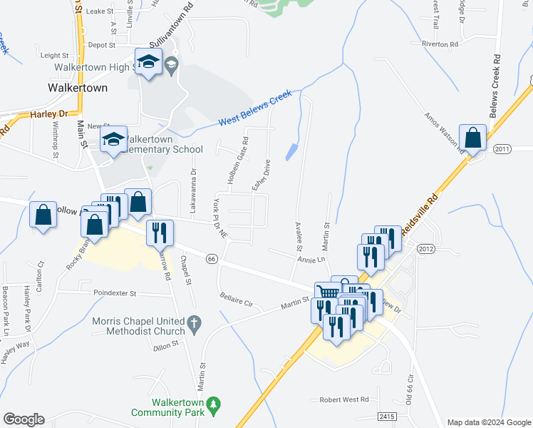 map of restaurants, bars, coffee shops, grocery stores, and more near 2925 York Place Drive Northeast in Walkertown