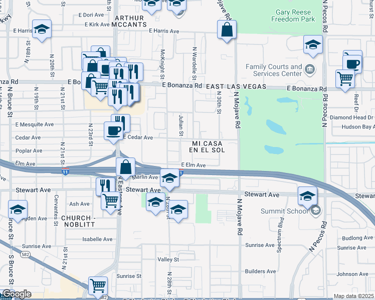 map of restaurants, bars, coffee shops, grocery stores, and more near 2850 East Cedar Avenue in Las Vegas