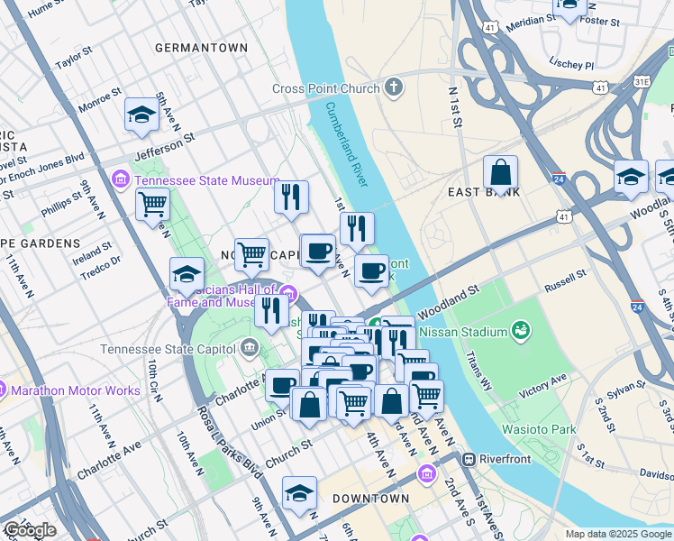 map of restaurants, bars, coffee shops, grocery stores, and more near 505 2nd Avenue North in Nashville