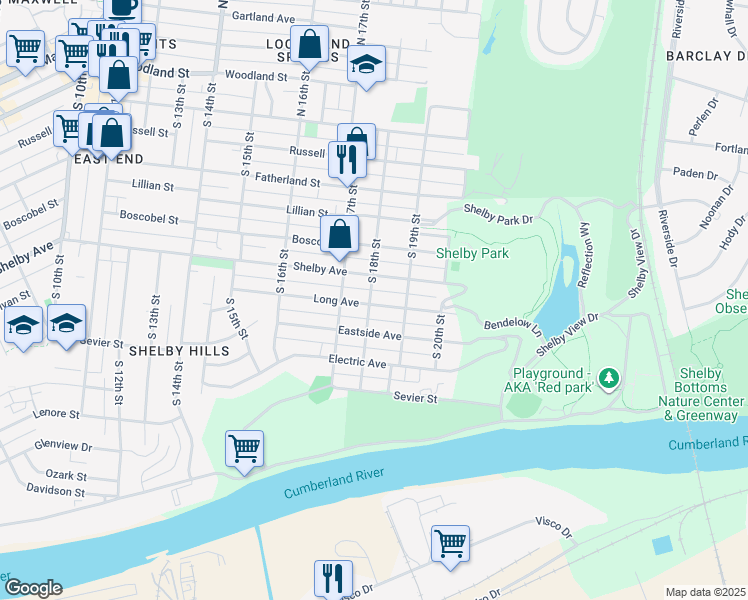 map of restaurants, bars, coffee shops, grocery stores, and more near 1801 Long Avenue in Nashville