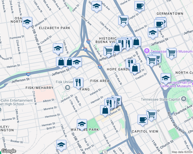 map of restaurants, bars, coffee shops, grocery stores, and more near 1201 Phillips Street in Nashville