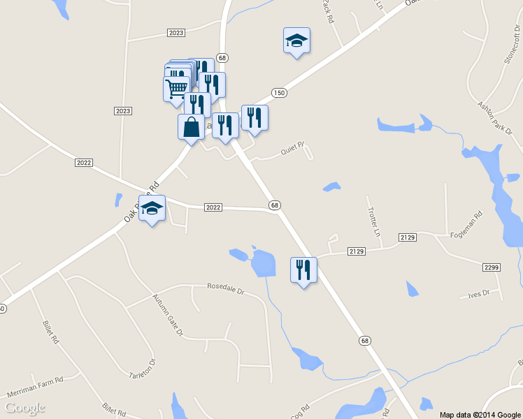 map of restaurants, bars, coffee shops, grocery stores, and more near 8018 Linville Road in Oak Ridge